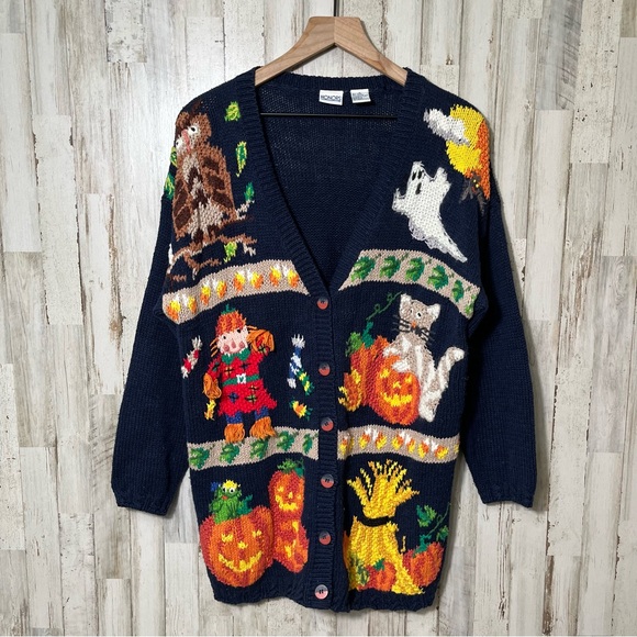 Vintage 90s Halloween Fall Patchwork Chunky Knit Button Cardigan Sweater Mens M - Picture 1 of 8